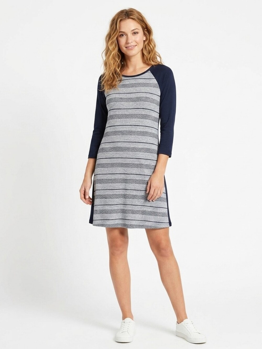 Market & Spruce Edie Knit Dress Large L Gray Navy Striped 3/4 Sleeve Stitch Fix